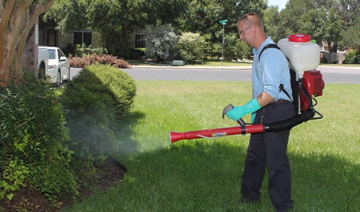Technician spraying a yard for mosquitoes